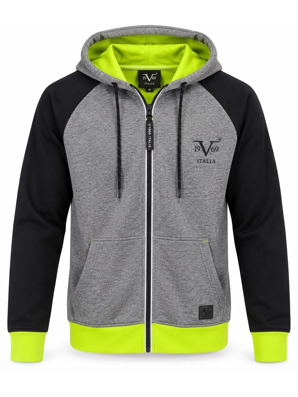 19V69 Italia Men's M Full Zip Hoodie Jacket Gray Black Neon Green NWT $120